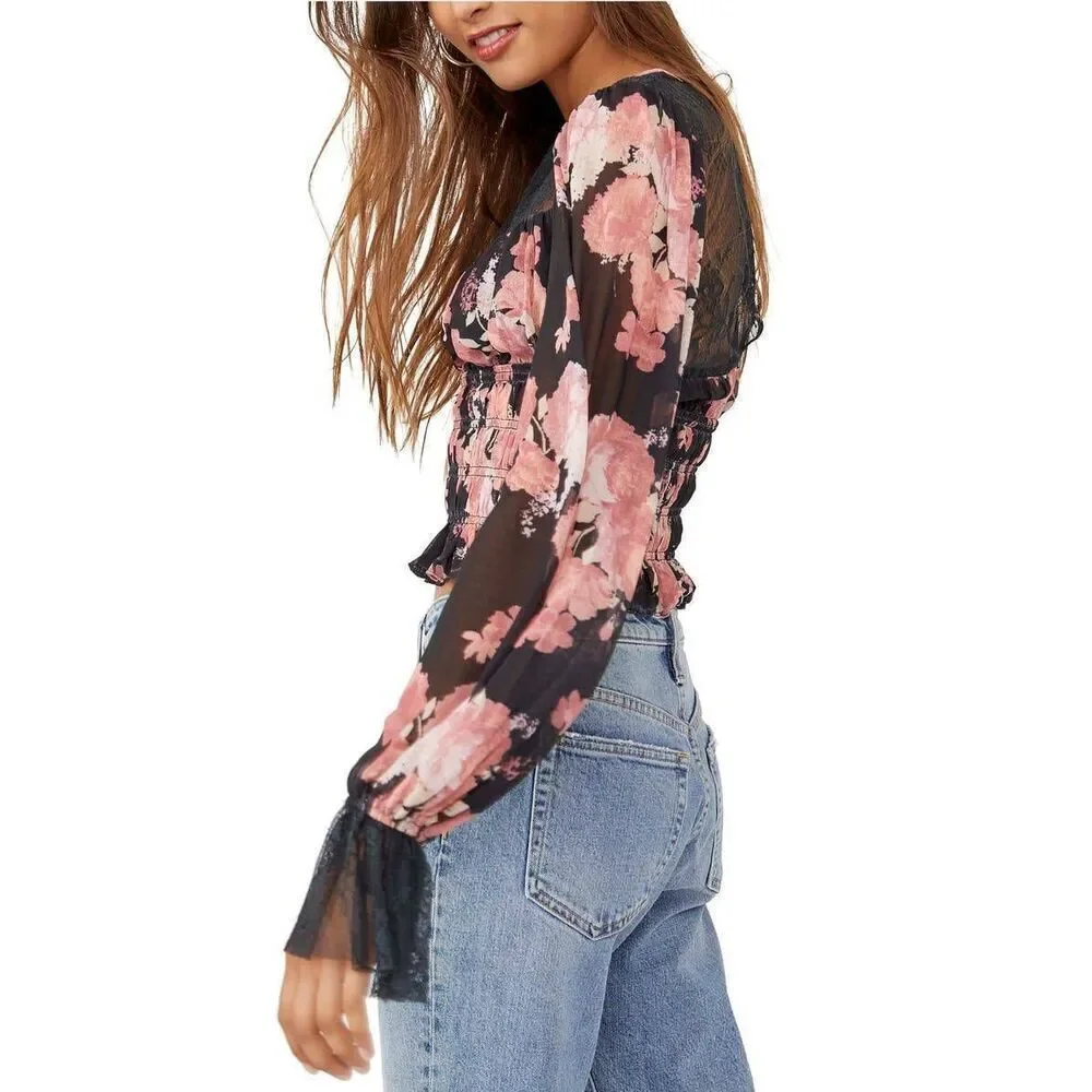 Free People Womens Sheer Embroidered Lace Daphne Blouse Midnight Combo Small NWT